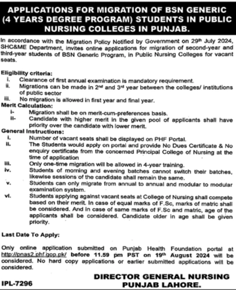 Bsn generic migration to Punjab Public Nursing Colleges