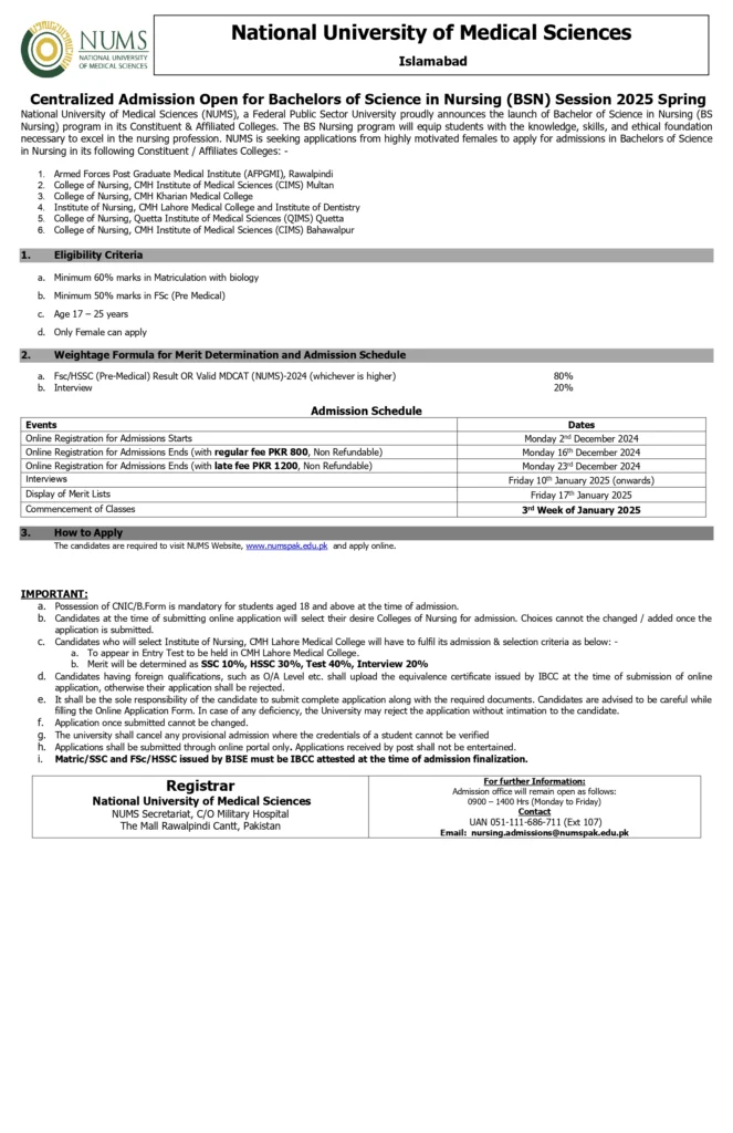 NUMS Nursing Admission BSN Nursing Advertisment