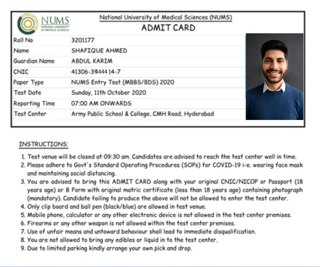 NUMS Roll Number Slip or NUMS admit Card