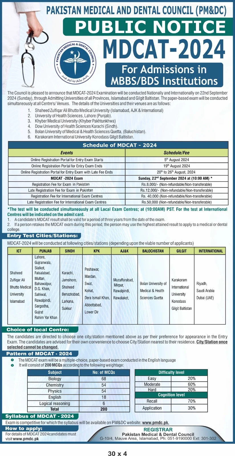 PMDC MDCAT Online Registration